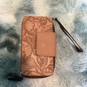 Floral Embossed Tan Wristlet Wallet